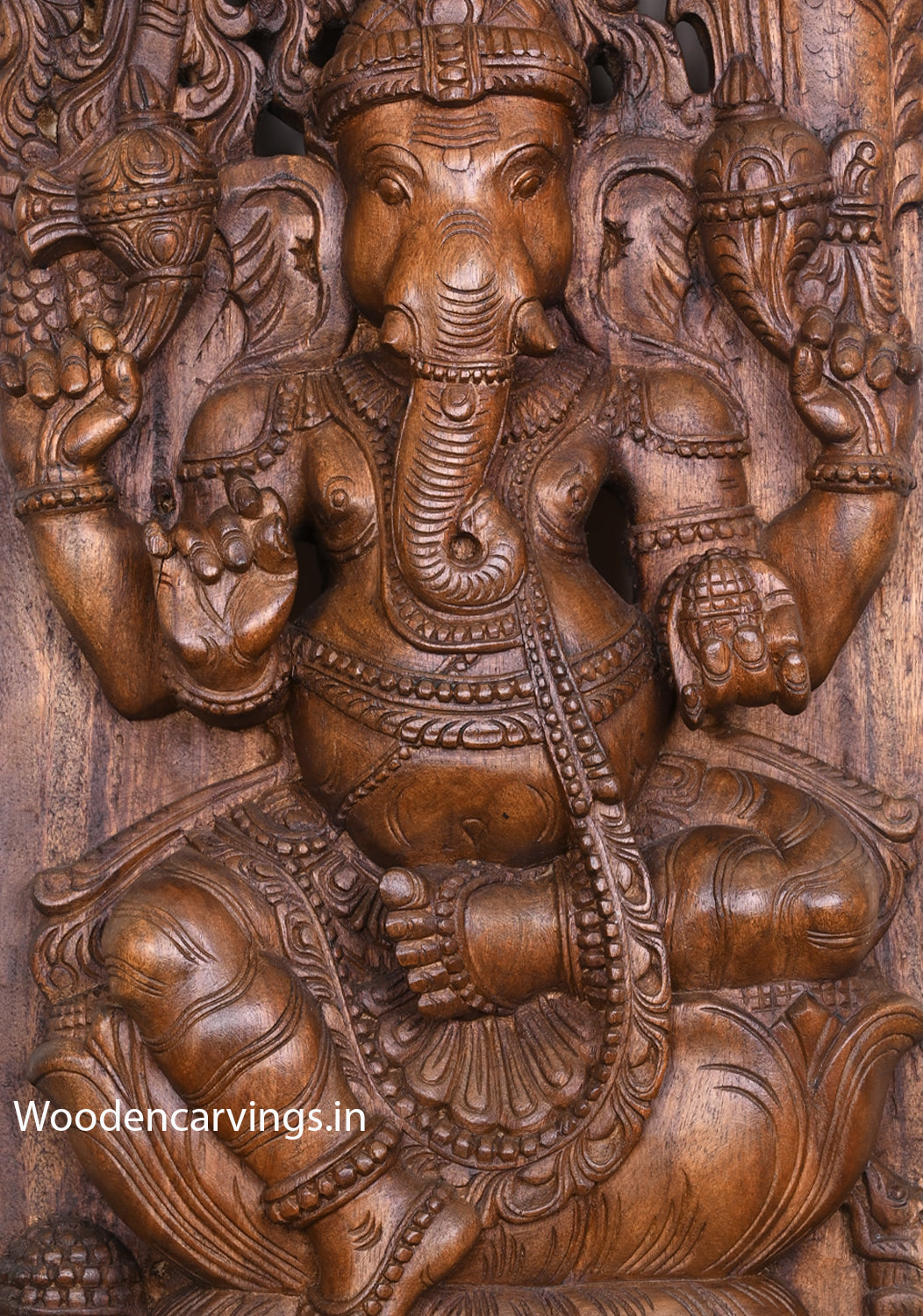 Jali Work of Wooden Lord Ganapathi Seated on Lotus Jali Work Handmade Wax Brown Wall Mount 36"
