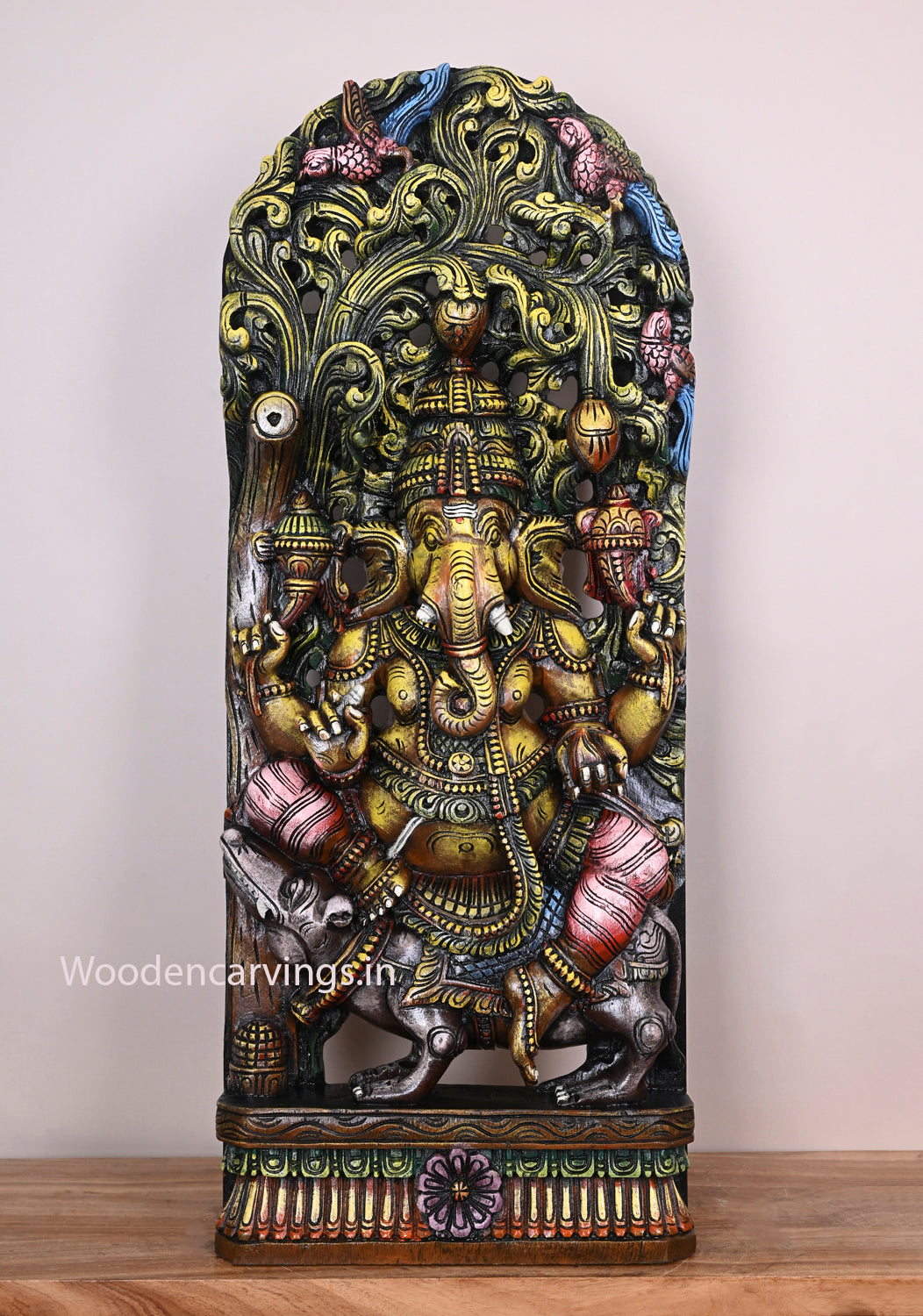 Wooden Yellowish Ganapathi Beautifully Seated on Grey Mouse Handmade Multicoloured jali Work Wall Mount 37"