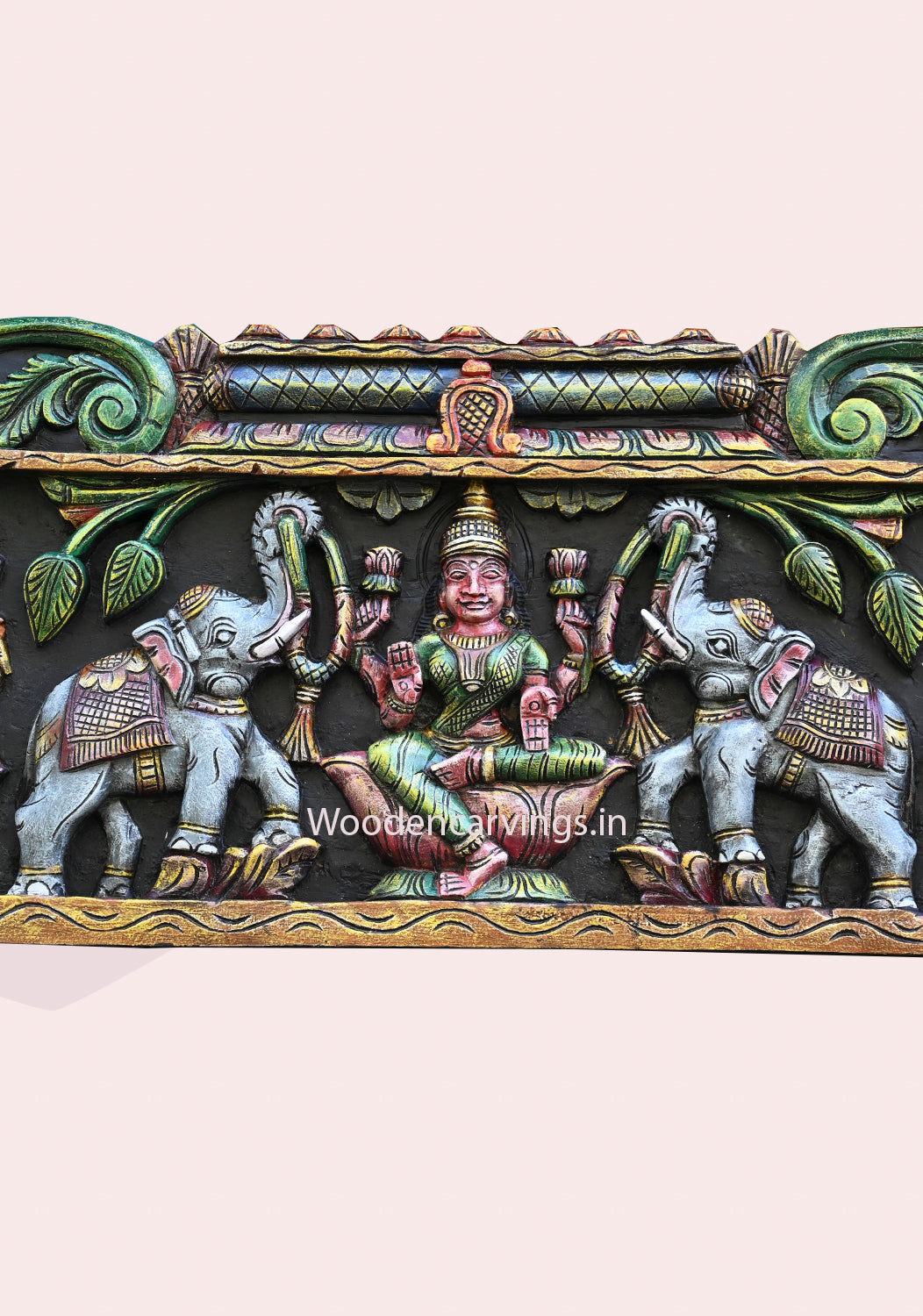 Smiling Gorgeous Gaja Lakshmi With Lord Ganesh and Saraswathi Horizontal Multicoloured Wooden Wall Panel 40"