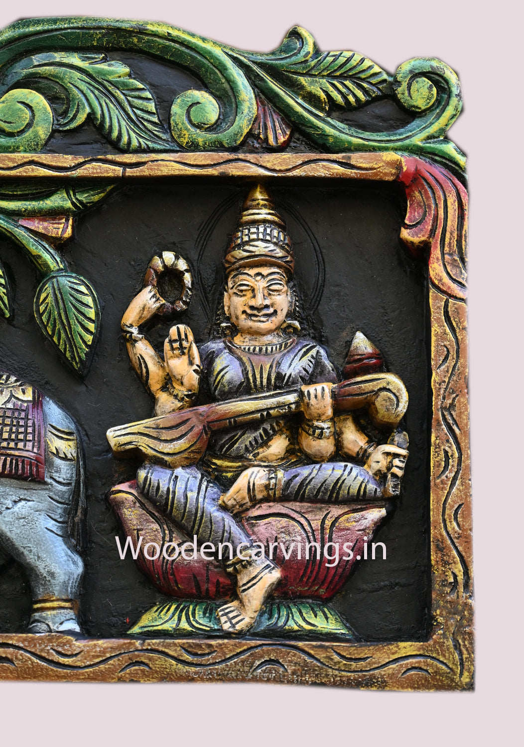 Smiling Gorgeous Gaja Lakshmi With Lord Ganesh and Saraswathi Horizontal Multicoloured Wooden Wall Panel 40"