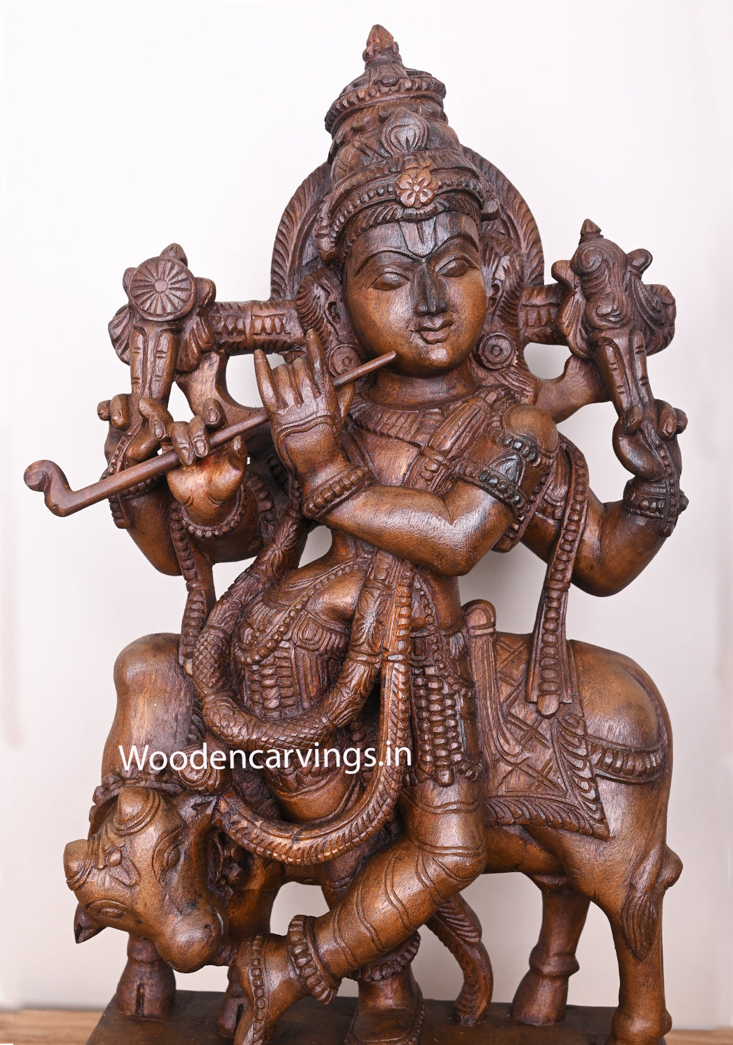 Yadhava Clan Lord Shree Krishna Relaxly Standing With Cow Holding Flute Bansuri Wooden Sculpture 26"