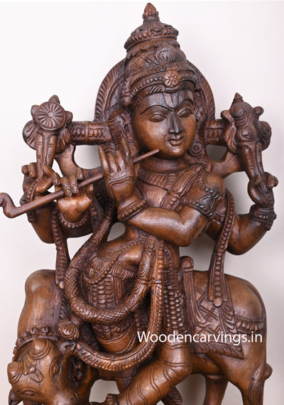 Yadhava Clan Lord Shree Krishna Relaxly Standing With Cow Holding Flute Bansuri Wooden Sculpture 26"