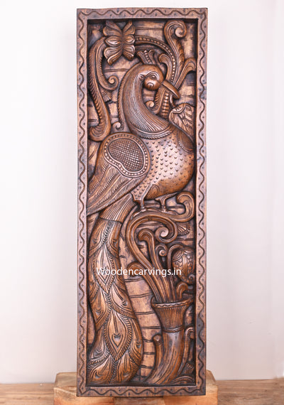 Vertical Handmade Peacock Standing on Tree and biting Floral Leaf Wax Brown Handmade Wooden Wall Panel 36"