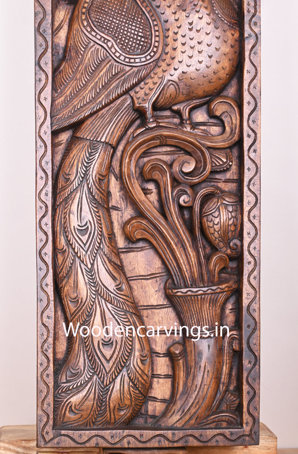 Vertical Handmade Peacock Standing on Tree and biting Floral Leaf Wax Brown Handmade Wooden Wall Panel 36"
