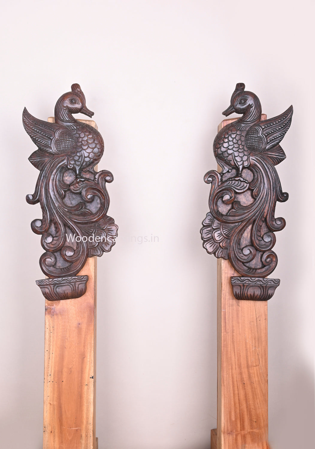 Light Weight Standing Beauty Paired Peacocks Ready to Fly on Tree Wooden Handmade Detaily Carved Wall Mount 21"