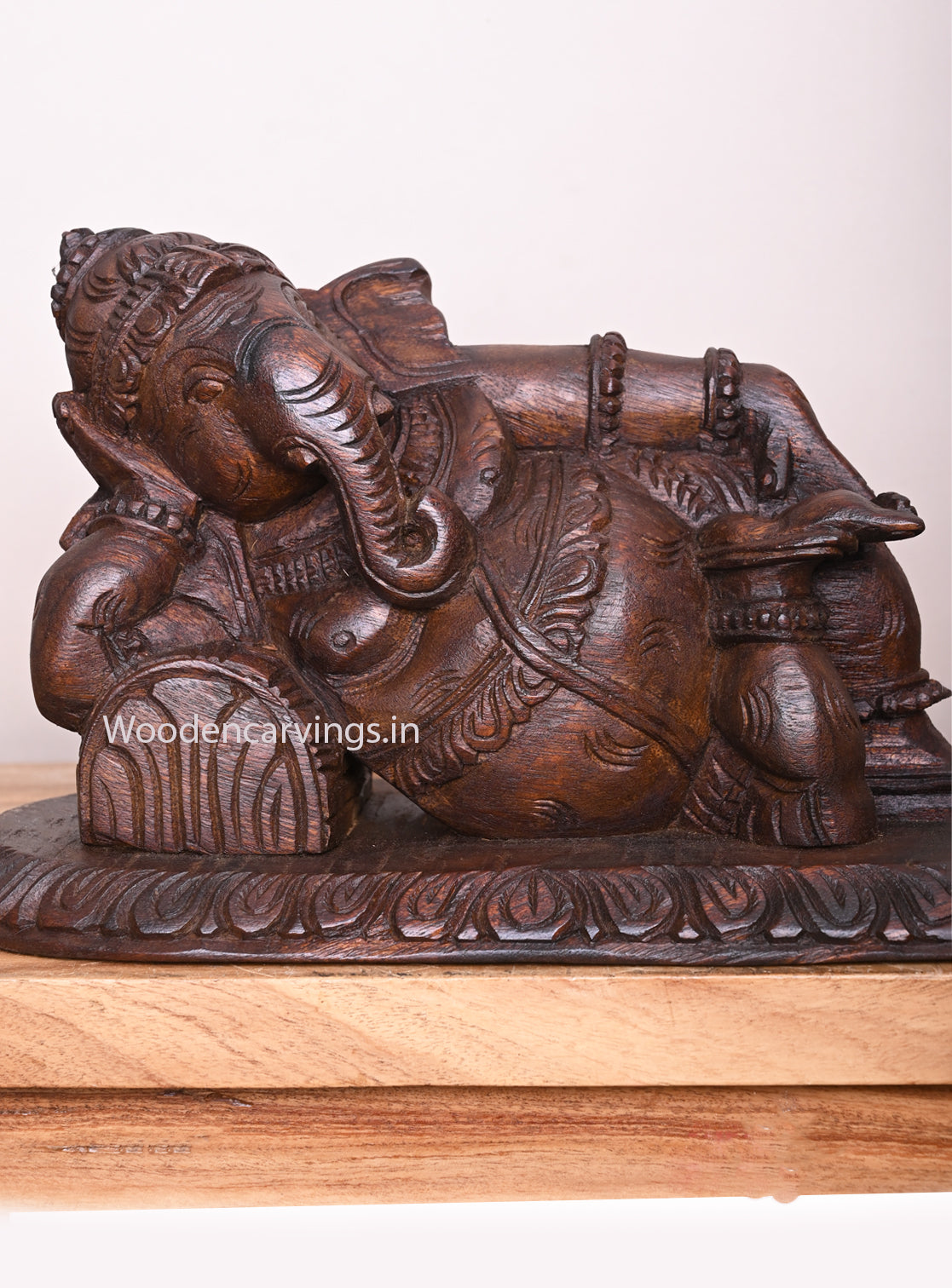 Lord Ganapathy Relaxly Reclining on Pillow Wooden Handmade Wax Brown Finishing Light Weight Wall Mount 16"