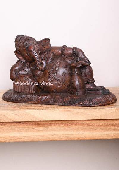 Lord Ganapathy Relaxly Reclining on Pillow Wooden Handmade Wax Brown Finishing Light Weight Wall Mount 16"