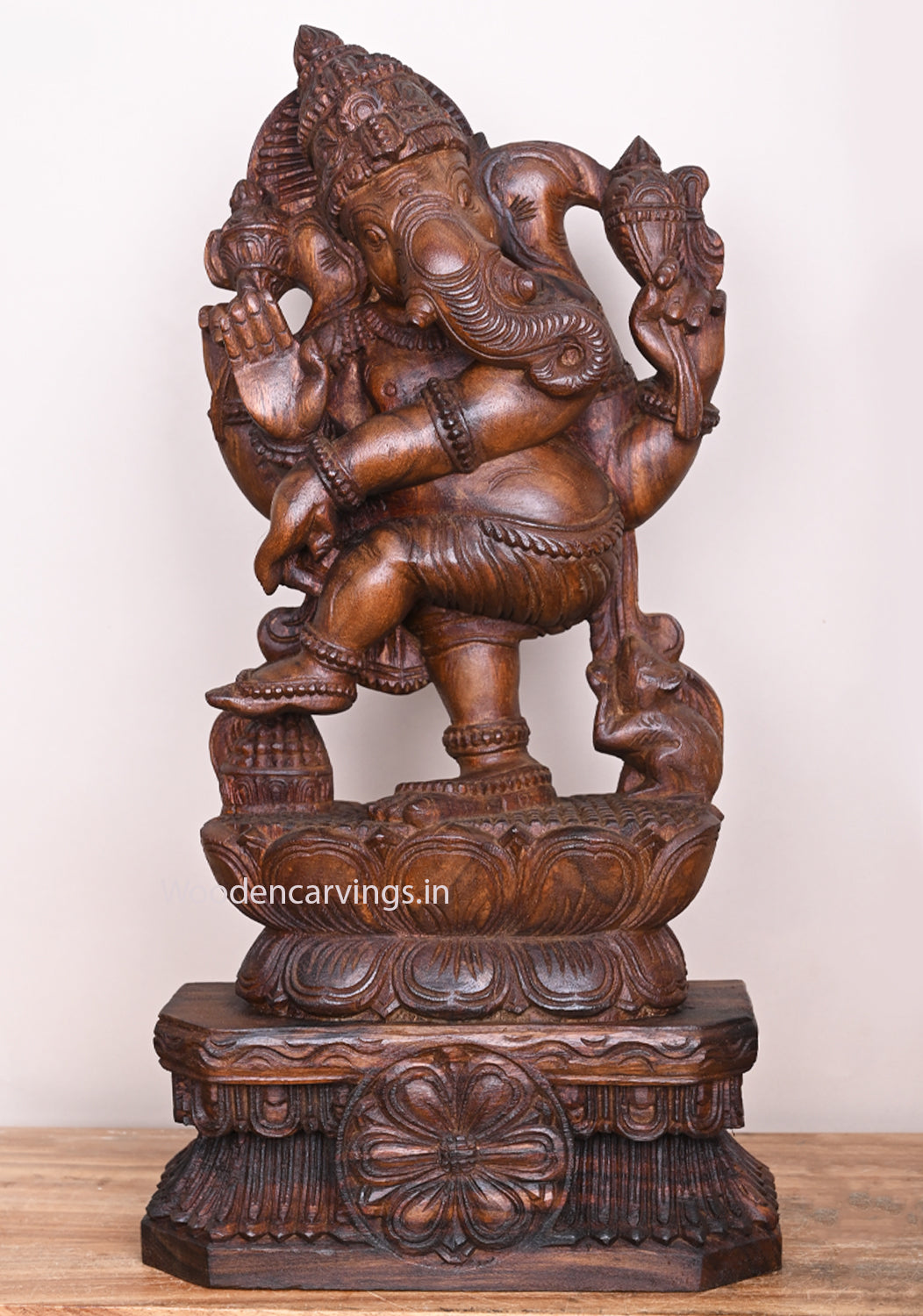 Dancing Ganapathy Dancing on kamalam (Lotus) Blessing Wooden Handmade Wax Brown Sculpture 24"