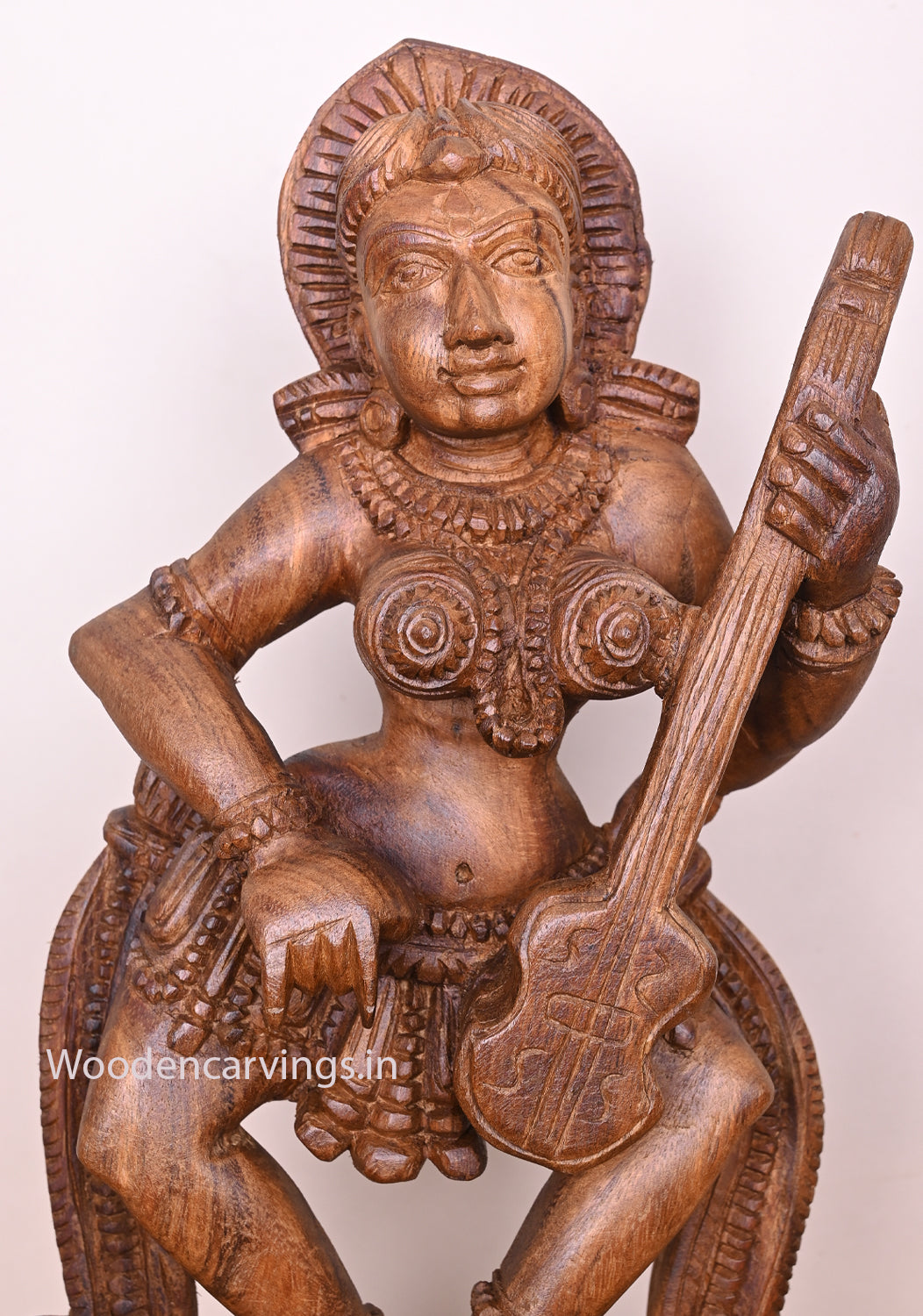 Outstanding Gorgeous Lady Apsara Holding Violin Wax Brown Handmade Wooden Home Decor Sculpture 20"