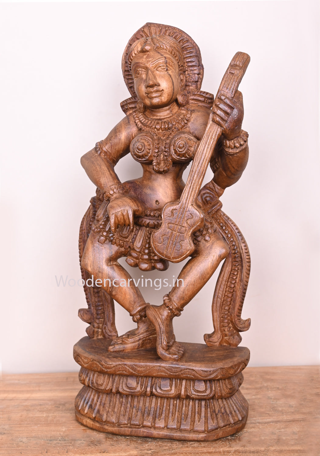 Outstanding Gorgeous Lady Apsara Holding Violin Wax Brown Handmade Wooden Home Decor Sculpture 20"