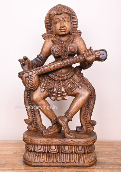 Preety Beauty Apsara Playing With Veena Wax Brown Handmade Standing Wooden Sculpture 19"