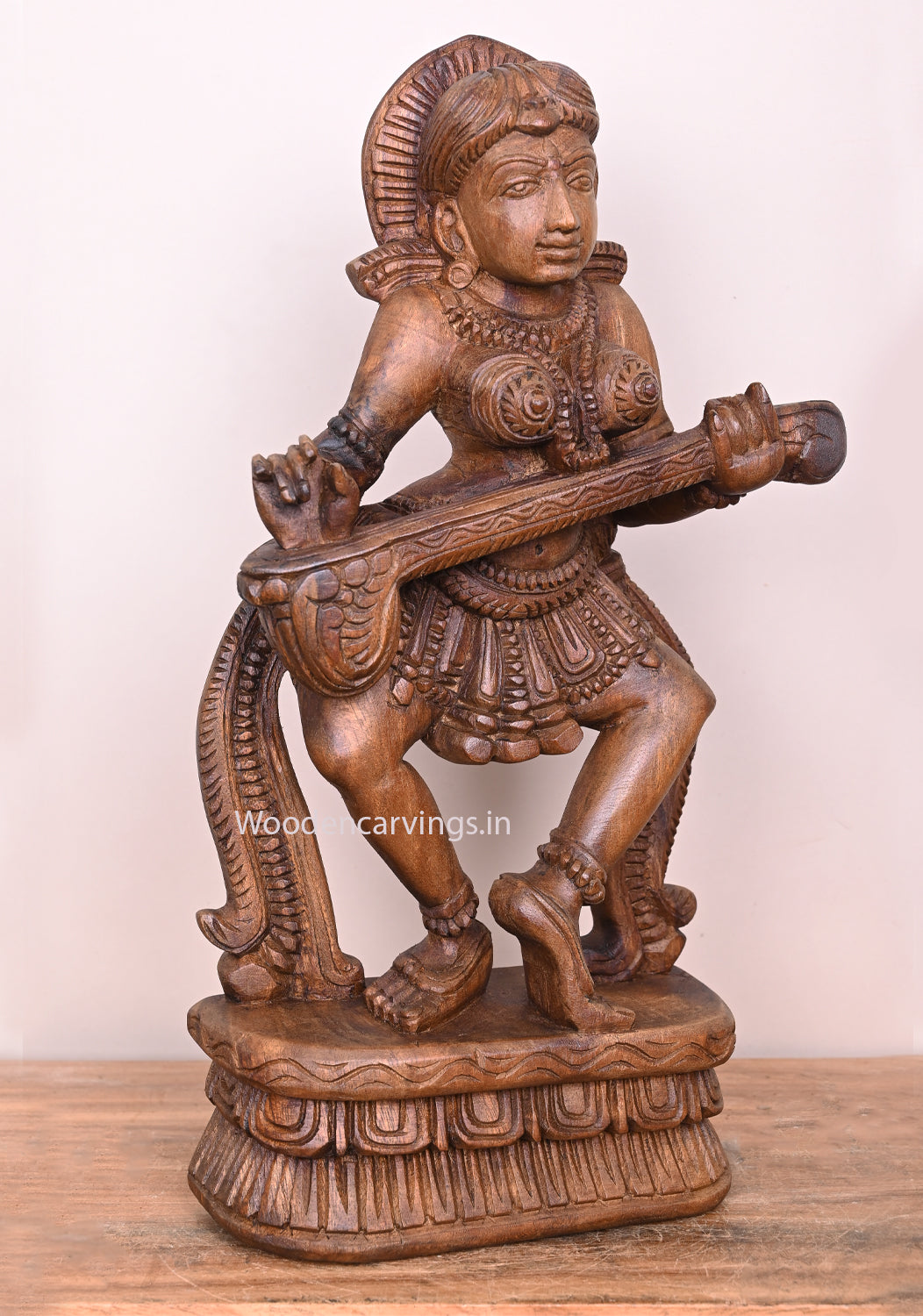 Preety Beauty Apsara Playing With Veena Wax Brown Handmade Standing Wooden Sculpture 19"