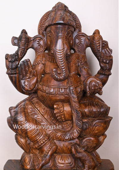Double Petal Lotus Blessing Ganapathi With Mouse Wooden Wax Brown Handmade Sculpture 25"