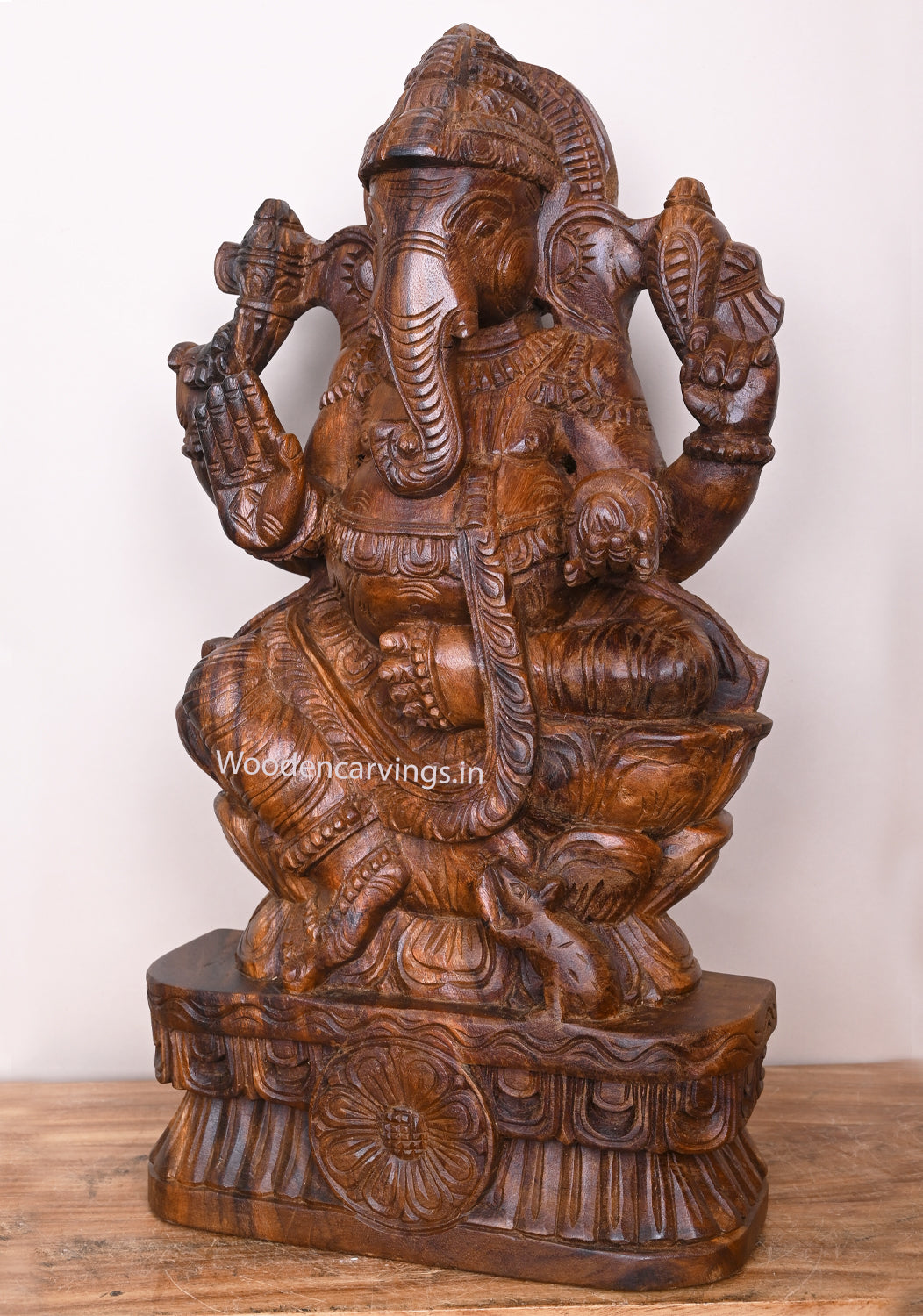 Double Petal Lotus Blessing Ganapathi With Mouse Wooden Wax Brown Handmade Sculpture 25"