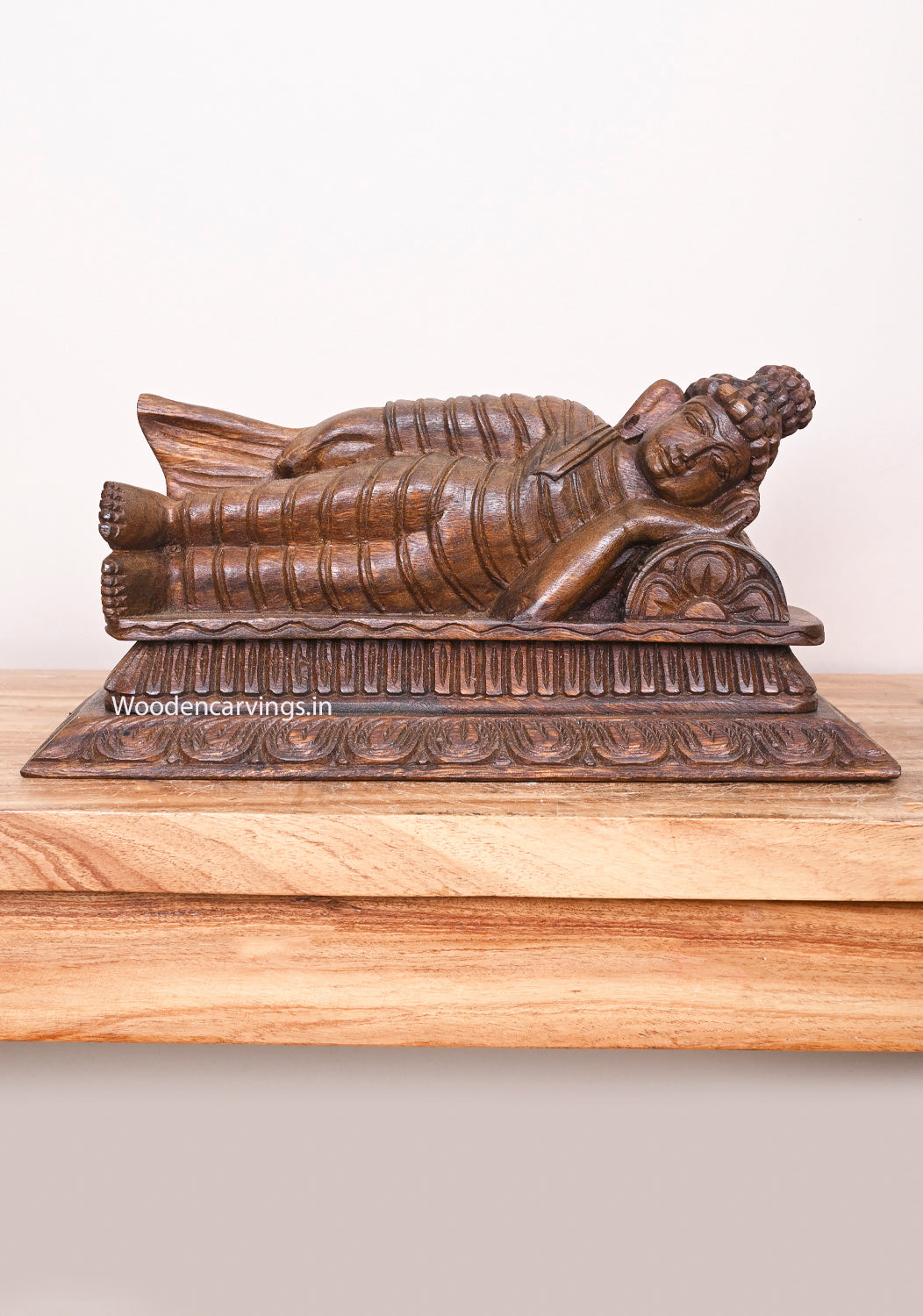 Buddha Relaxly Reclining on Pillow Handmade Detaily Carved Entrance Decor Wax Brown Wall Mount 15"