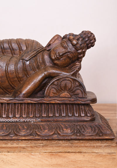 Buddha Relaxly Reclining on Pillow Handmade Detaily Carved Entrance Decor Wax Brown Wall Mount 15"