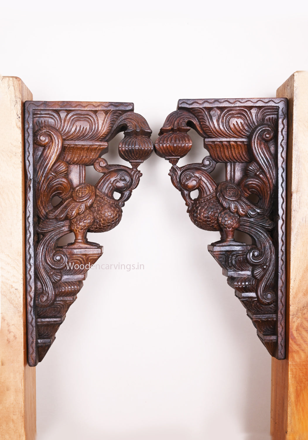 Wooden Hooks Fixed Light Weight Wall Decor Paired Hamsa Bird (Annapakshi) Handmade Wall Mount 18"