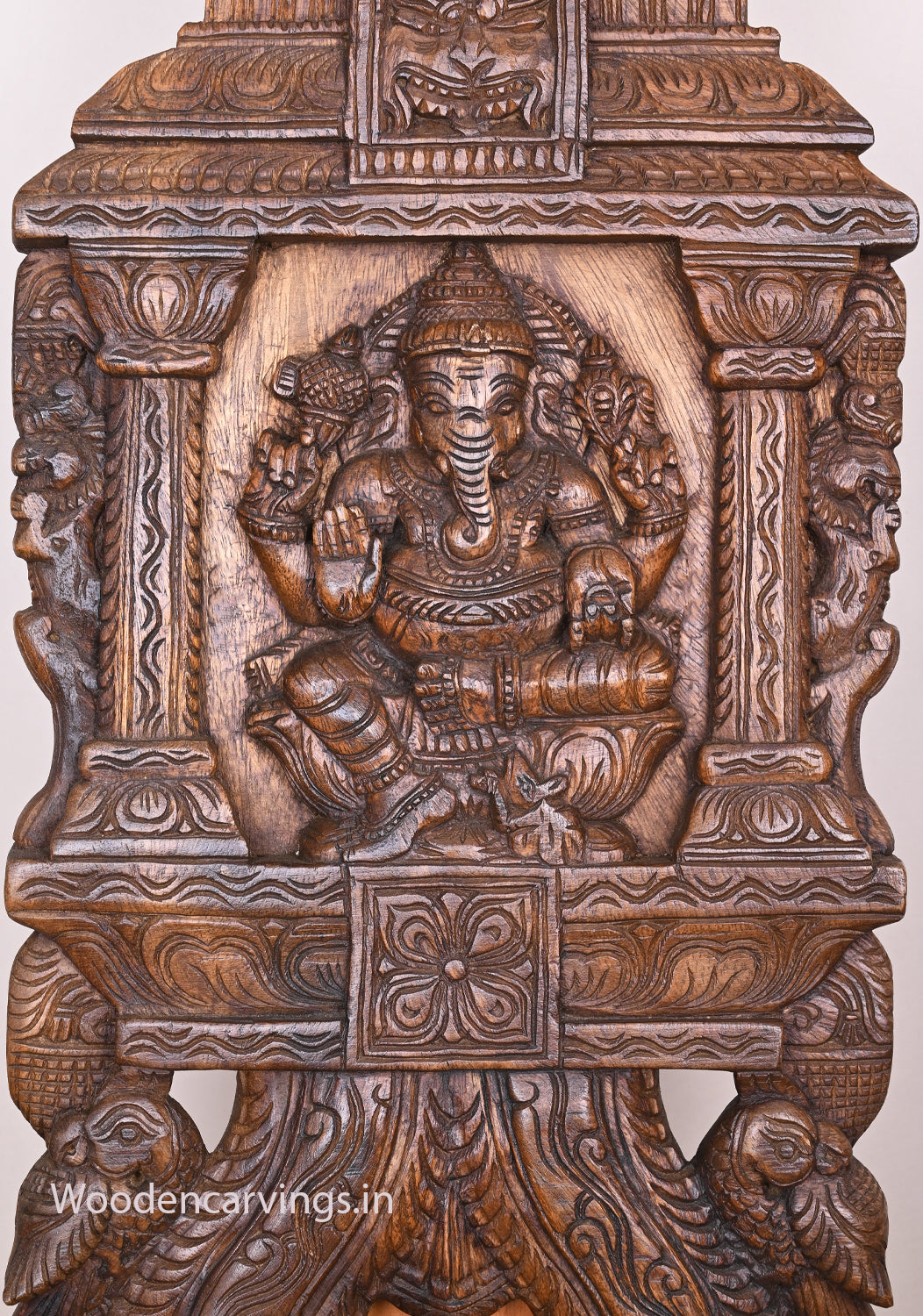 Yaazhi With Pillar Design Sitting Ganapathy on Lotus Wax Brown Handmade Wall decor Kavadi Wall Mount 25"