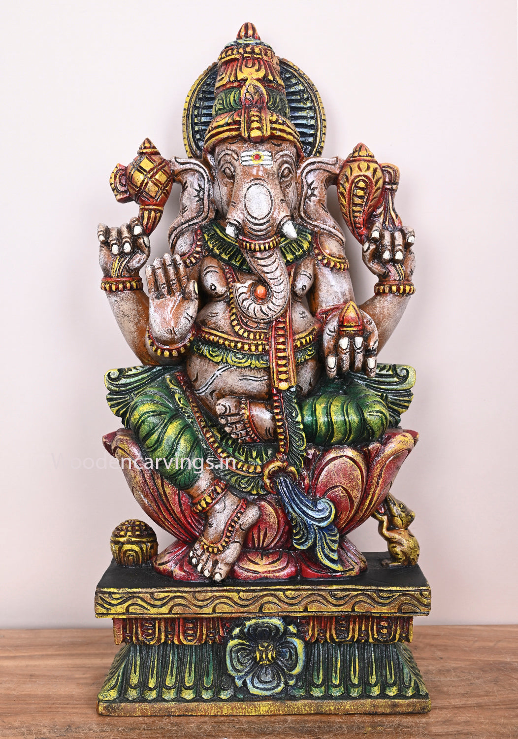 Blessing Realistic Look Lord Ganapathy Holding Mothak Seated on Pink Lotus With Rat Wooden Handmade Sculpture 25"