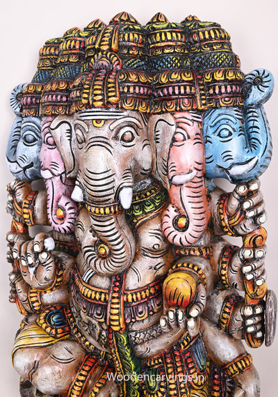Standing Panchamugha Ganapathy Carved With nine Powerful Hands Multicoloured Handmade Sculpture 36.5"