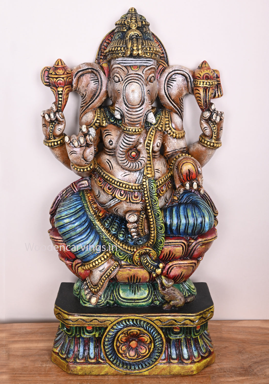 Colourful Double Petal Lotus Lord Ganesh For Your Pooja Room Decorations Wooden Handcraft Sculpture 31"