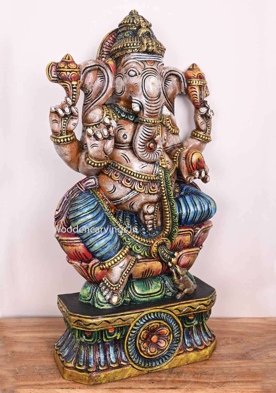 Colourful Double Petal Lotus Lord Ganesh For Your Pooja Room Decorations Wooden Handcraft Sculpture 31"