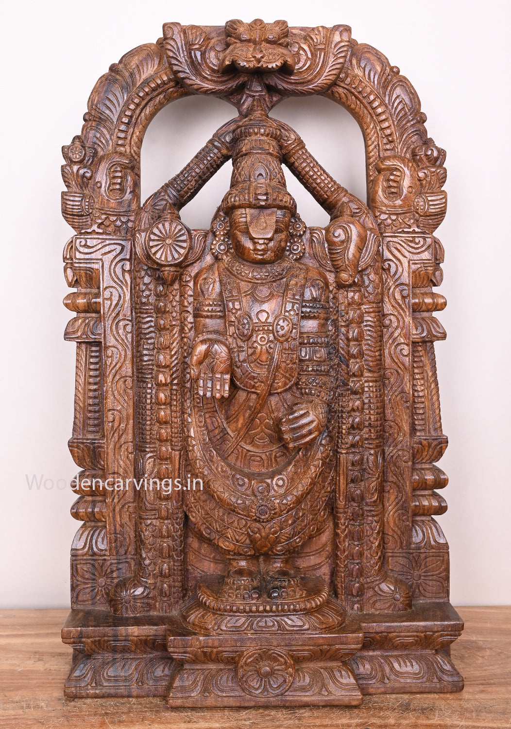 Wooden Arch Handmade Mangalahara Balaji Standing on Base Wax Brown Pooja Room Decor Sculpture 26"