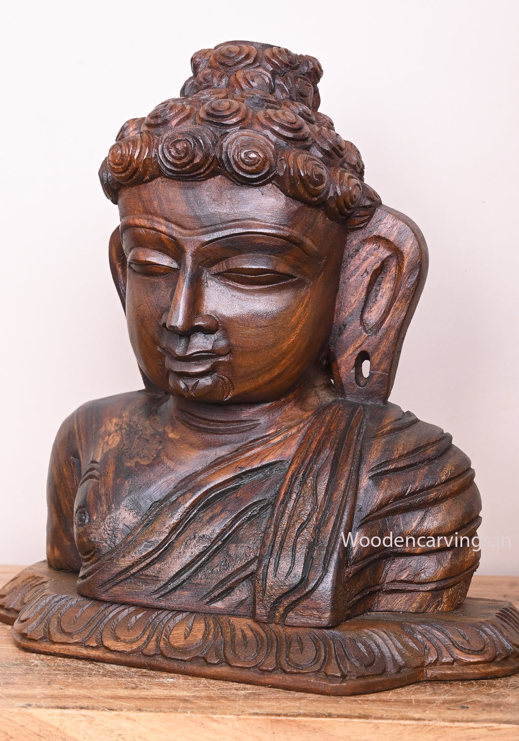 Art Work of Lord Buddha Carved on Base Wooden Handcraft Entrance Decor Wall Mount Sculpture 13"