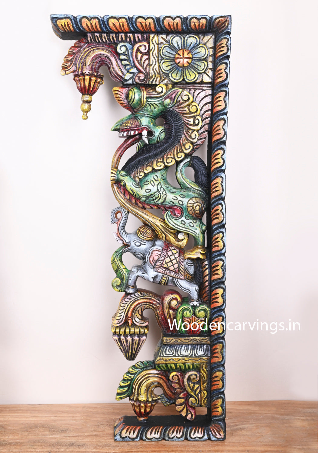 Wooden Handcraf Green Paired Yaazhi With Elephants Floral Design Door Decor Beautiful Wall Mount 33"