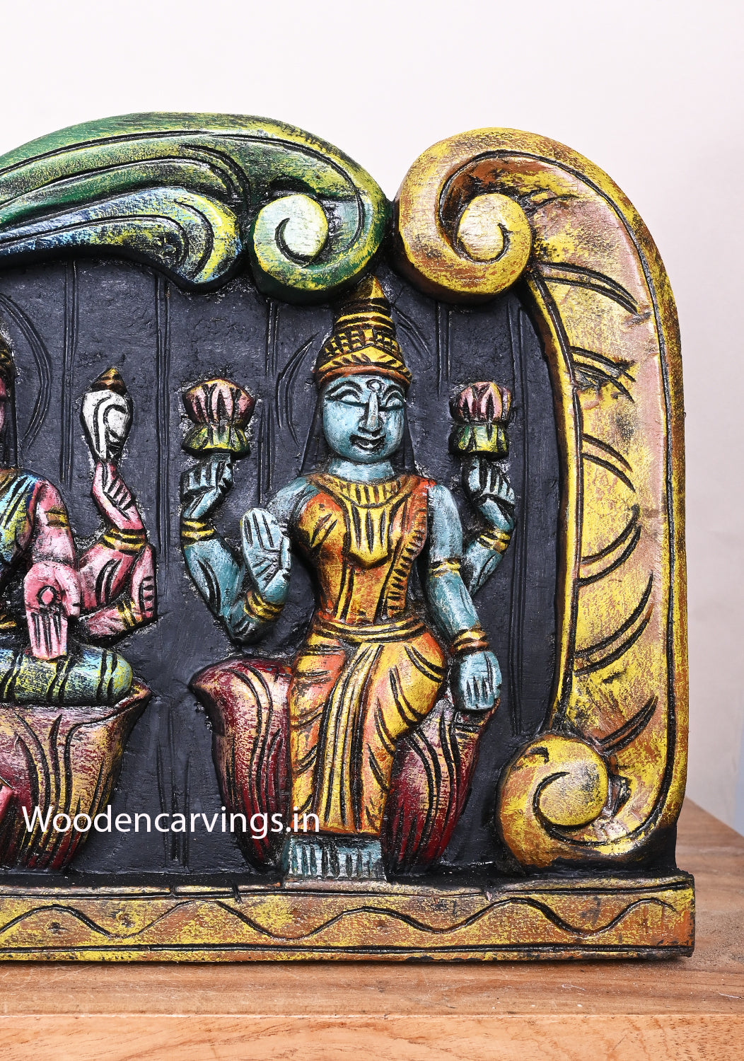 Lucky Lakshmi's Eight Auspicious Colourful Forms Horizontal Multicoloured Wooden Handmade Wall Panel 48"
