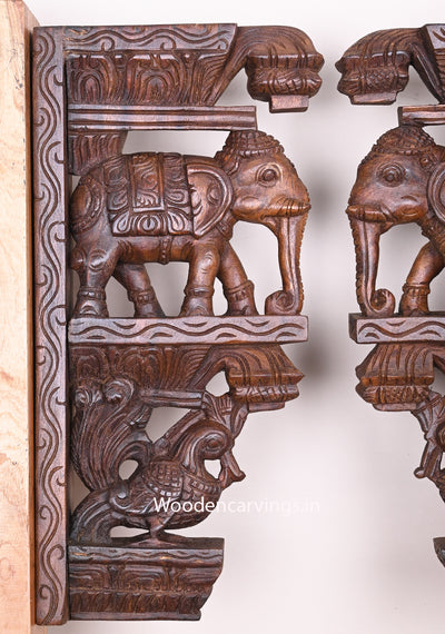 Standing Beautiful Elephants With Hamsa (Annapakshi) Hooks Fixed Vaagai Wood Wall Brackets 18"
