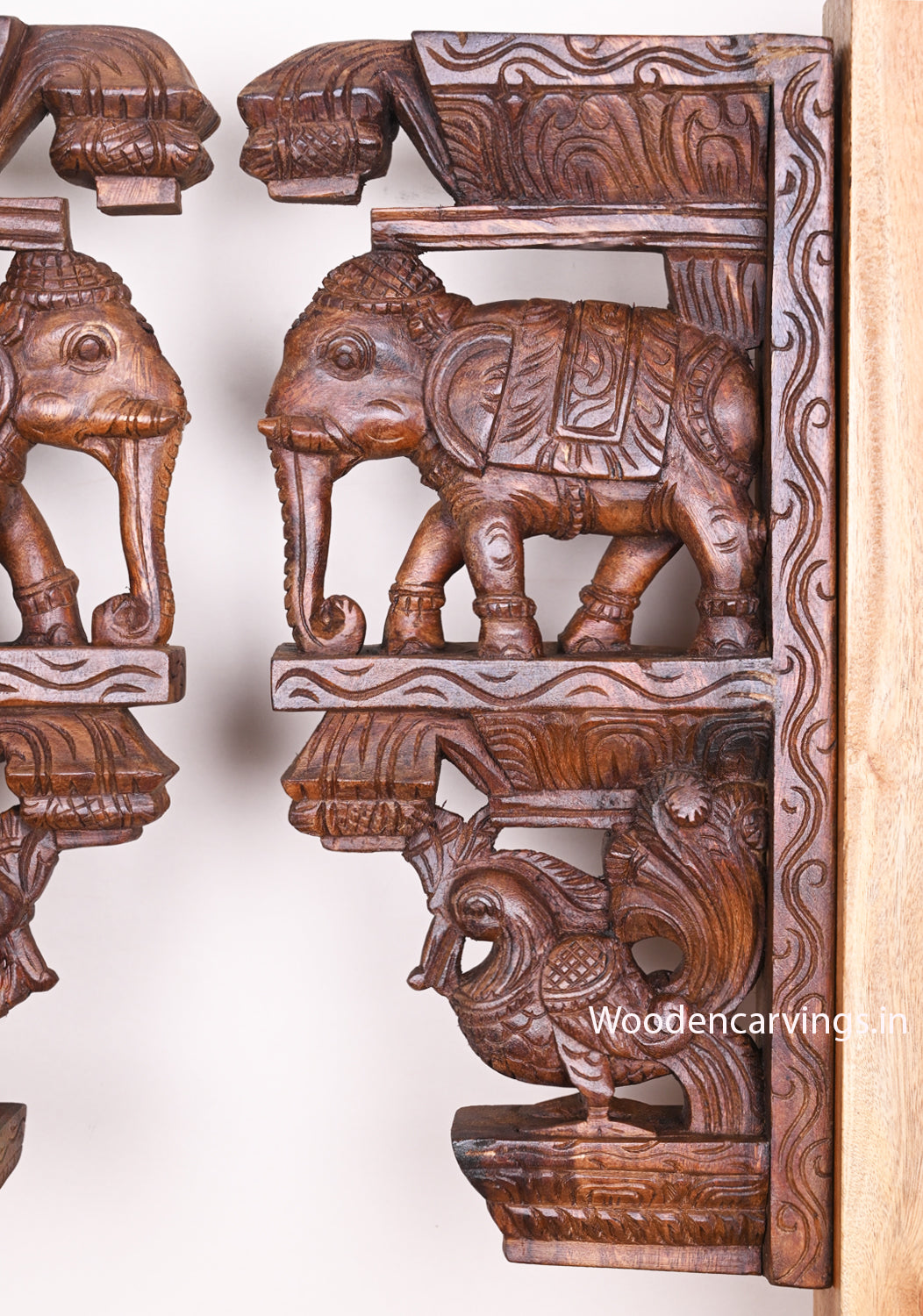 Standing Beautiful Elephants With Hamsa (Annapakshi) Hooks Fixed Vaagai Wood Wall Brackets 18"