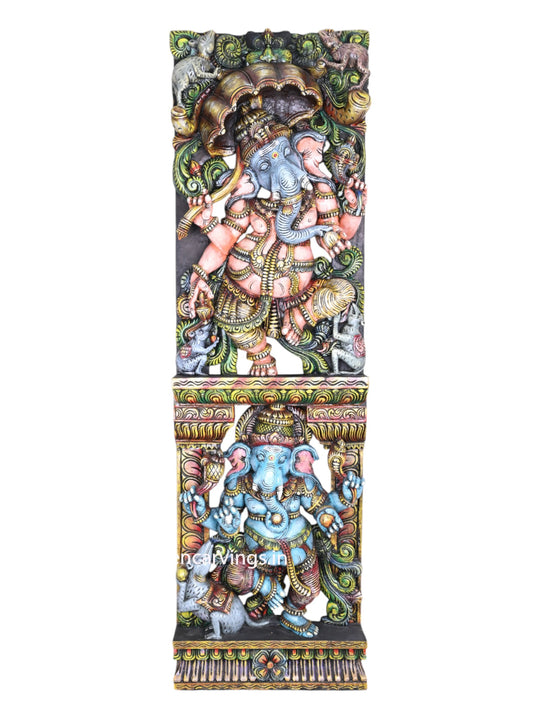 Specially Carved Dancing Lord Ganesh Holding Umbrella With His Vahana Rat Decorative Showpiece Wall Mount Sculpture 60"