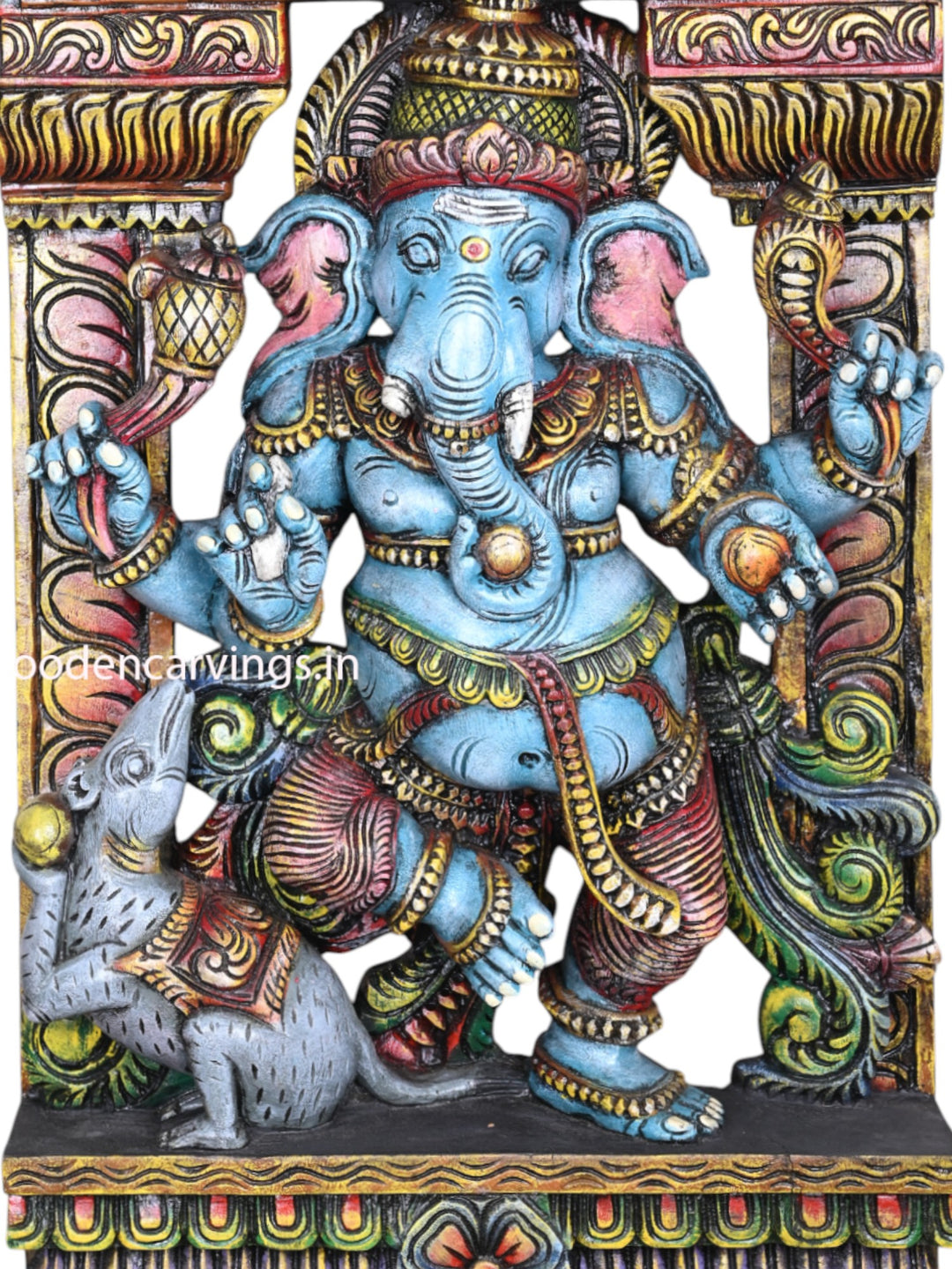 Specially Carved Dancing Lord Ganesh Holding Umbrella With His Vahana Rat Decorative Showpiece Wall Mount Sculpture 60"