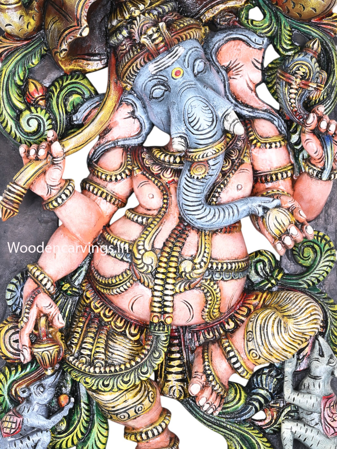 Specially Carved Dancing Lord Ganesh Holding Umbrella With His Vahana Rat Decorative Showpiece Wall Mount Sculpture 60"
