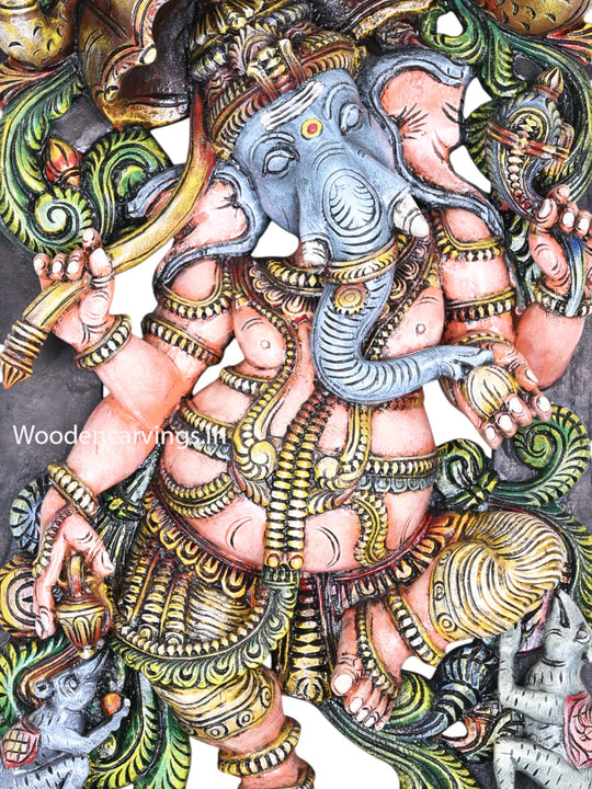 Specially Carved Dancing Lord Ganesh Holding Umbrella With His Vahana Rat Decorative Showpiece Wall Mount Sculpture 60"