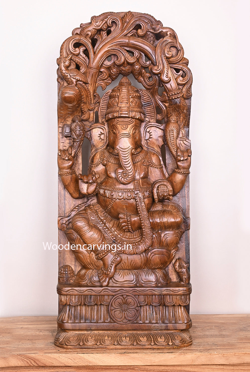 Handmade Jali Work of Lord Ganapathy Briskly Seated on Double Petal Lotus Home Decor Wooden Wall Mount 36"