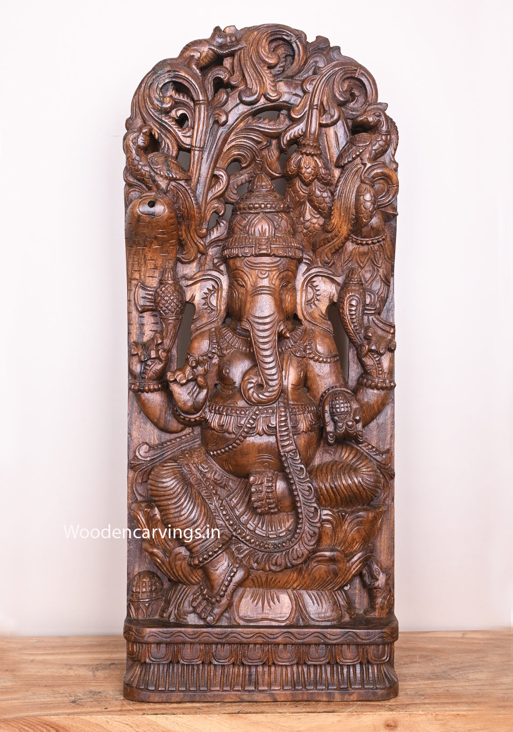 Holding Sweet Mothak Lord Ganesha on Double Petal Lotus Design full Wax Brown Finishing Wall Mount 36.5"