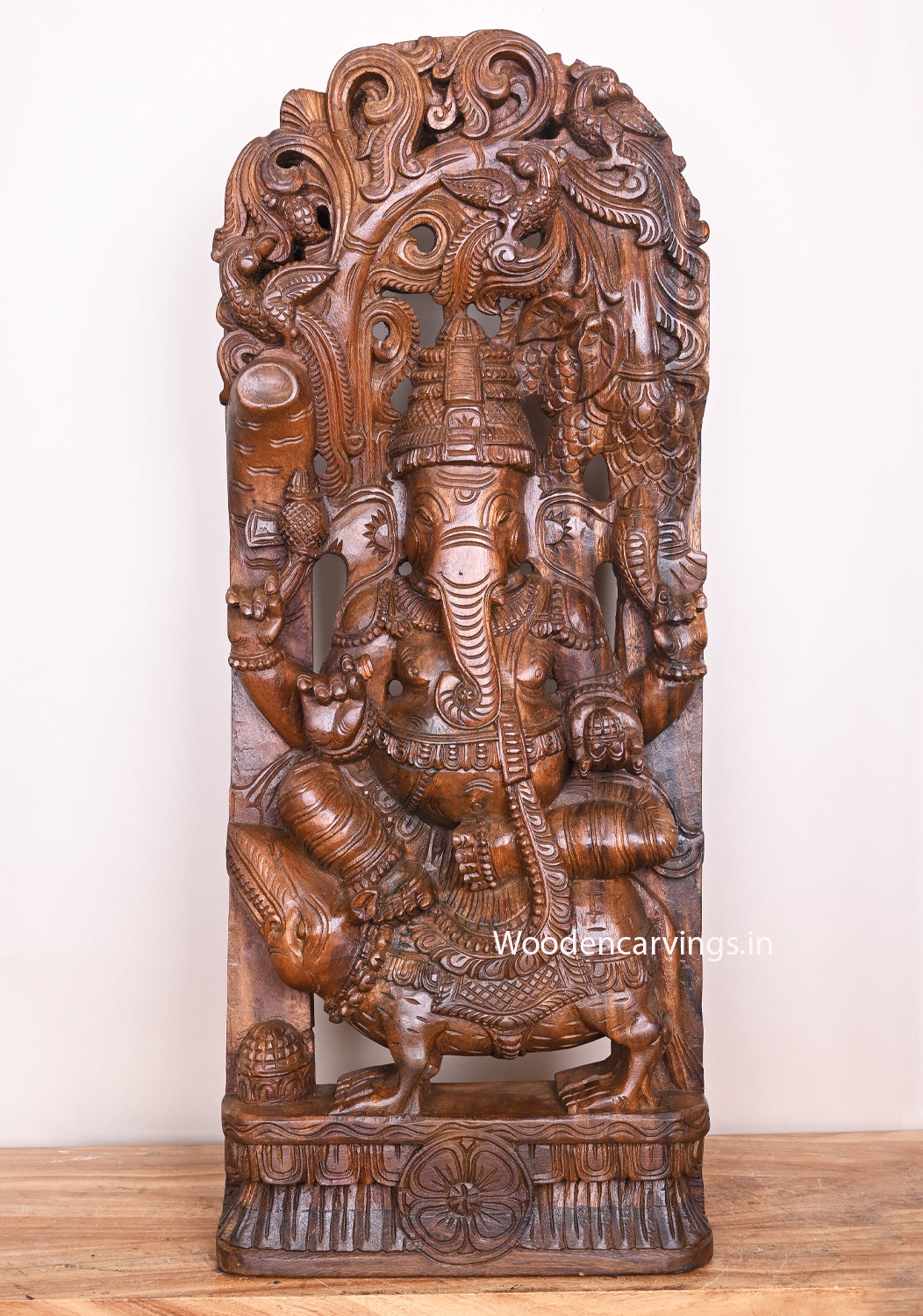 Ganapathy on His Vahana Rat Wooden Fine Finishing Hand made Detaily Carved Jali Work Wall Mount 37"