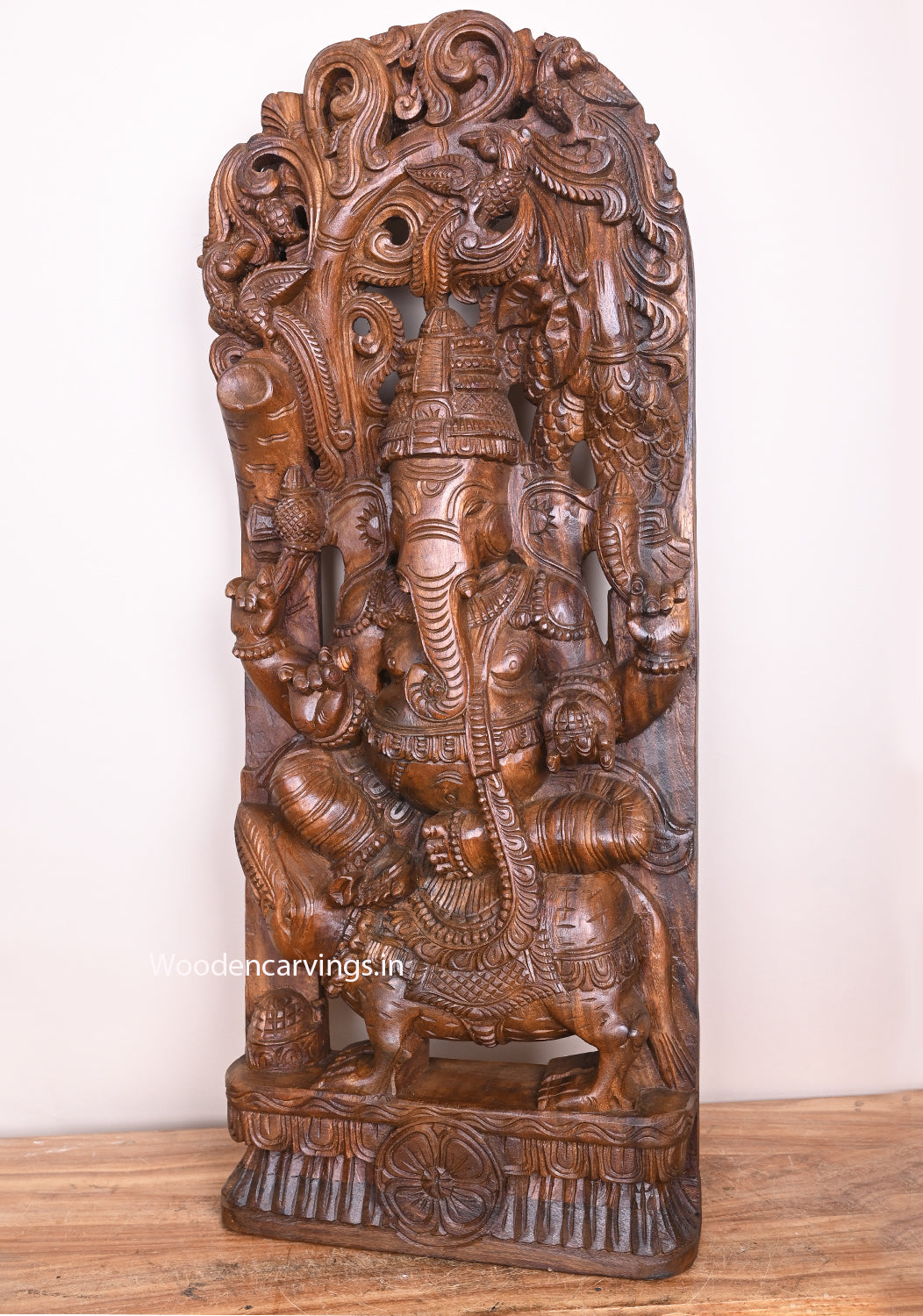 Ganapathy on His Vahana Rat Wooden Fine Finishing Hand made Detaily Carved Jali Work Wall Mount 37"