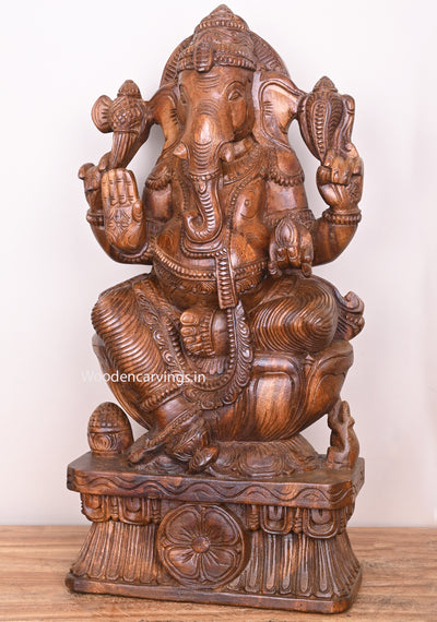 Shree Maha Ganapathy on Petal Lotus Blessing His Devotees in Mudra Abhaya Handmade Sculpture 24"