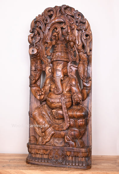 Wooden Decorative Double Petal Lotus Maha Ganapathy Home Decor Handmade Jali Work Wall Mount 36.5"