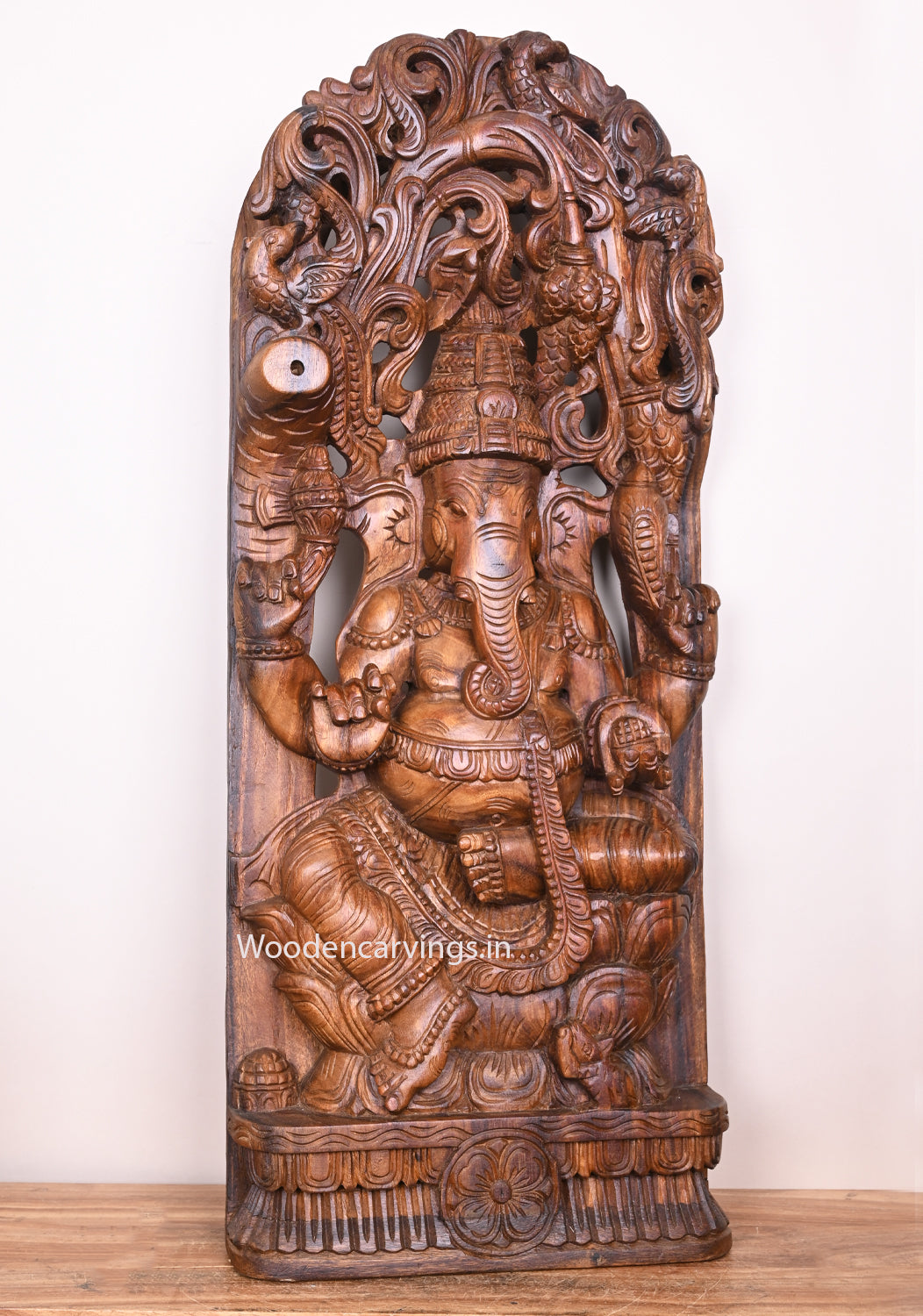 Wooden Decorative Double Petal Lotus Maha Ganapathy Home Decor Handmade Jali Work Wall Mount 36.5"