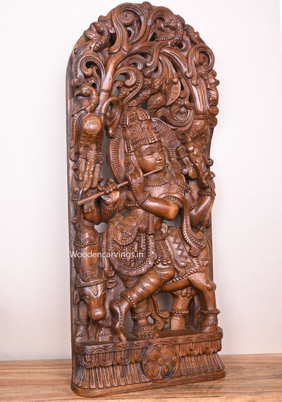 Jali Work of Lord Govindh Krishna With Cow and Playing With Flute Bansuri Wooden Handmade Jali Work Wall Mount 36.5"