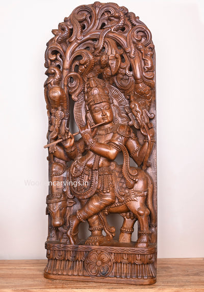 Jali Work of Lord Govindh Krishna With Cow and Playing With Flute Bansuri Wooden Handmade Jali Work Wall Mount 36.5"