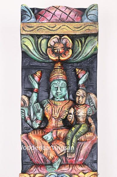 Colourful Vertical Asta Lakshmi Seated on Petal Lotus Handmade Vertical Home Decor Wooden Wall Panel 48"