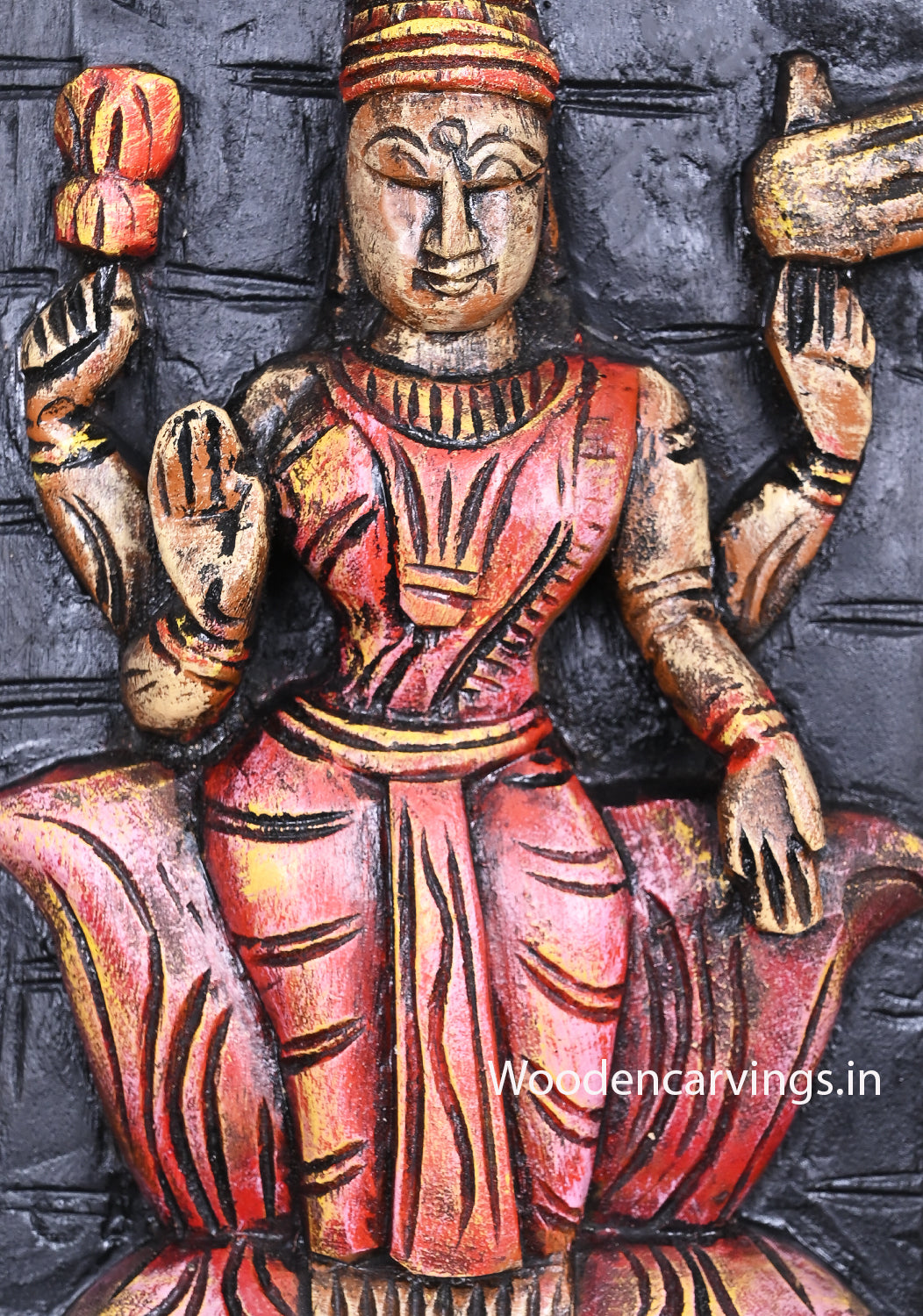 Colourful Vertical Asta Lakshmi Seated on Petal Lotus Handmade Vertical Home Decor Wooden Wall Panel 48"