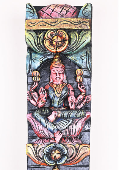 Detaily Carved Vertical Entrance and Door Decor Auspicious Astalakshmi Multicoloured Wooden Wall Panel 48"
