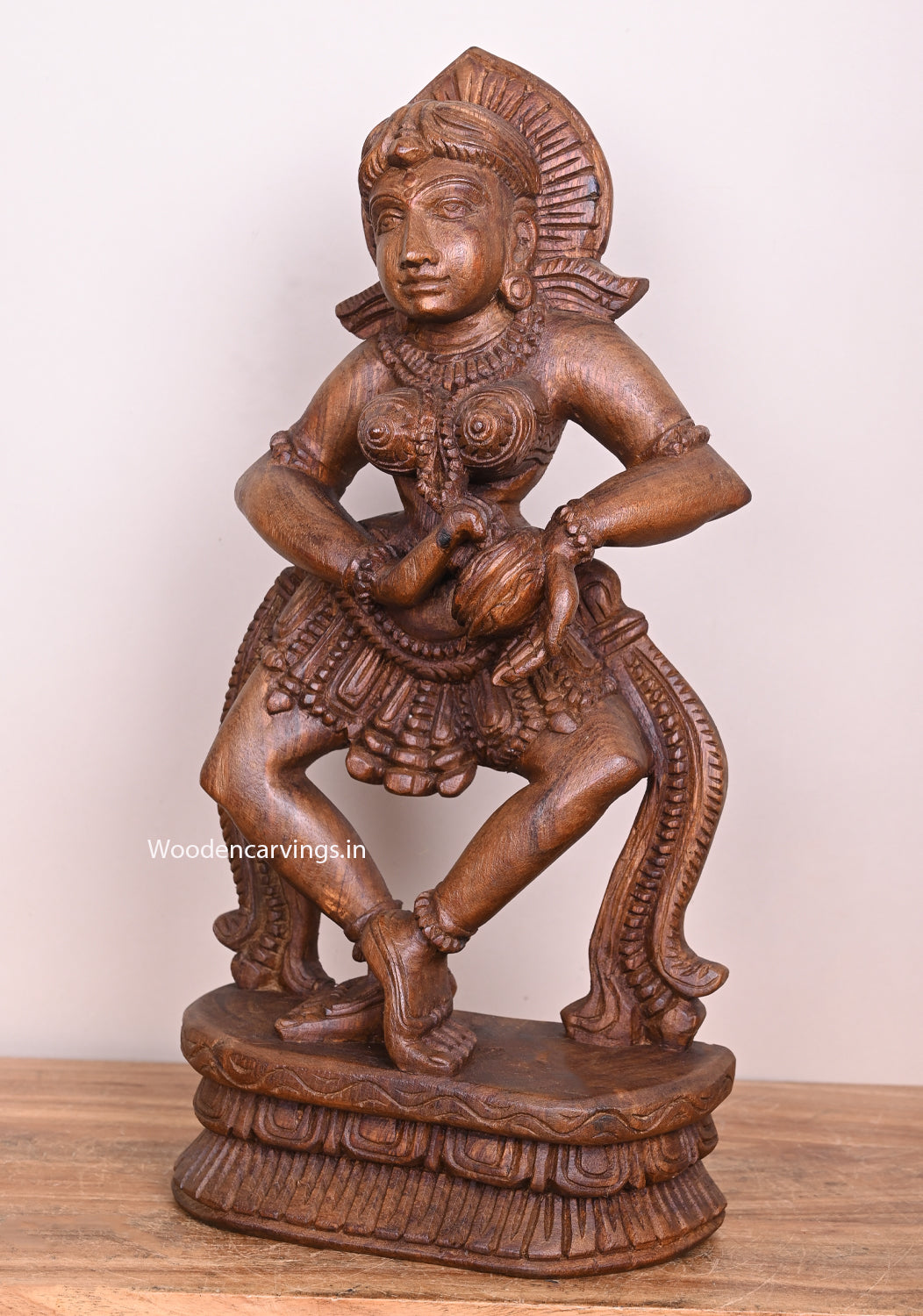 Traditional Beauty Gorgeous one Apsara Holding Musical Instrument Thalam Wooden Handmade Sculpture 19"