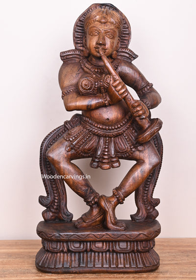 Stunning Lady Playing With Shehnai Detaily Handcrafted Fine Finishing Wooden Home Decor Sculpture 19"